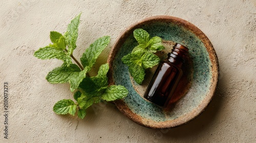 Essential oil bottle and mint rest on a textured table, seen from above.