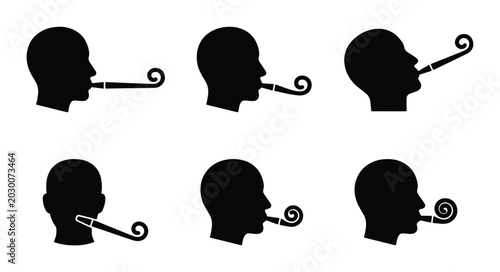 Fotografie Party Blower Silhouette Set, Celebration Noise Maker Icons, Festive Blowout Vect
