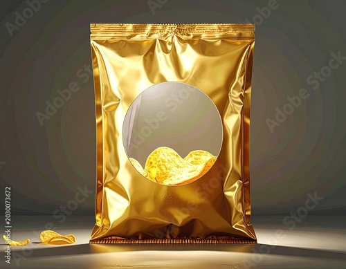Gleaming gold chip bag with circular window revealing golden crisps