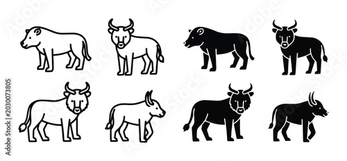 Schilderij op canvas Bull Icons Set, Livestock Vector Graphics, Farm Animal Silhouettes, Bovine Illus