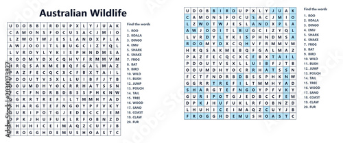 Australian Wildlife word search puzzle sheet with highlighted words  