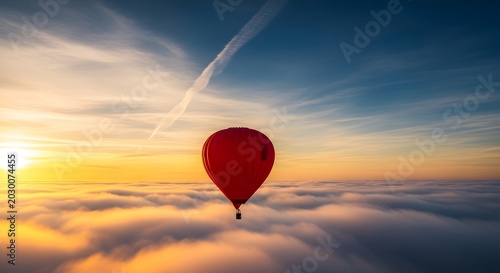 A vibrant red hot air balloon floating peacefully above a sea of clouds at sunrise.