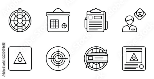 Foto Set of 8 Business Icons: Target, Safe, Clipboard, Employee, Warning, Radar, Glob