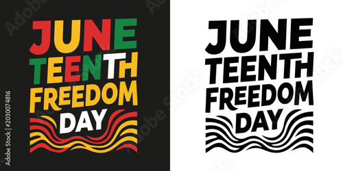 Juneteenth freedom day vector typography with pan african colors and abstract wavy lines on isolated background
