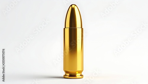 Gleaming metallic bullet with polished golden finish on a stark white background
