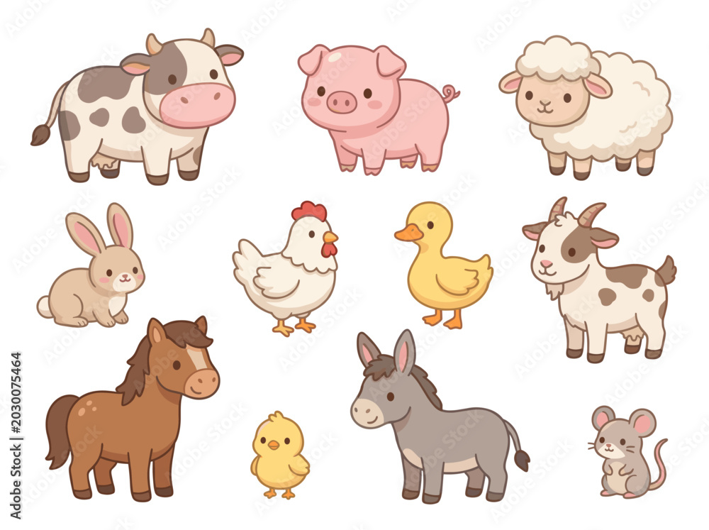 Fototapeta premium Cute Farm Animals Blob Brush Style Illustration Set Cow Pig Sheep Horse Vector Bundle