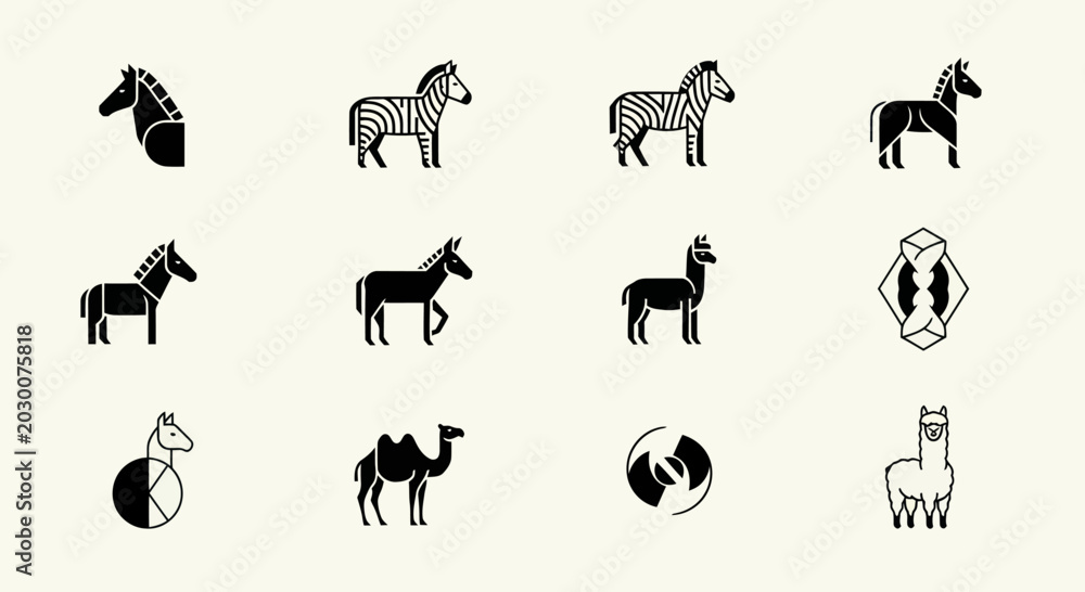 Fototapeta premium Set of Animal Icons: Zebra, Horse, Camel, Llama, Donkey, Abstract Shapes