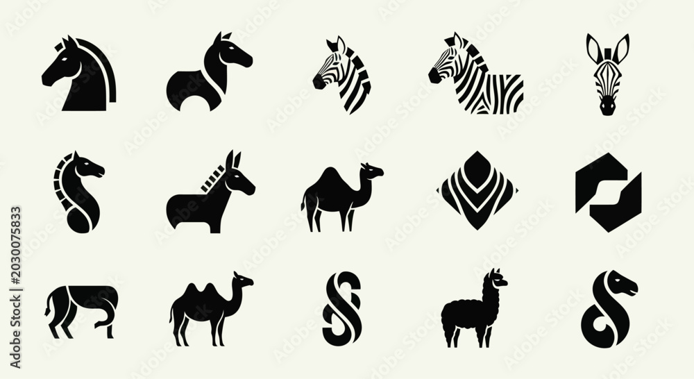 Fototapeta premium Set of Animal Silhouettes: Horse, Zebra, Camel, Llama, Donkey Icons