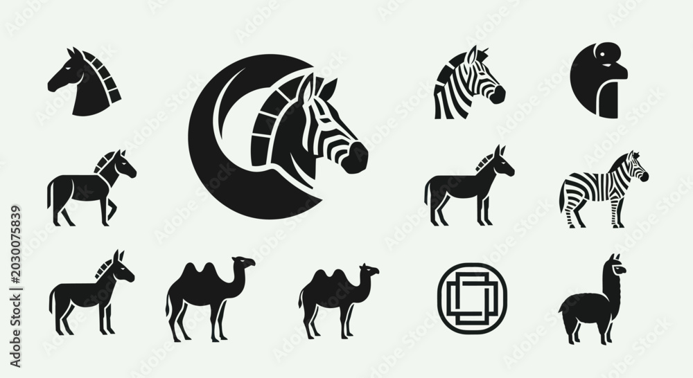 Fototapeta premium Set of Animal Silhouettes: Horse, Zebra, Camel, Llama, Monkey Icons