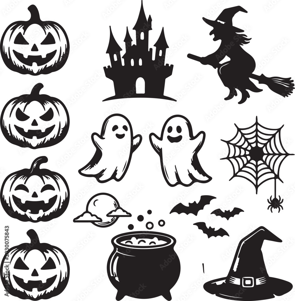 Obraz premium Halloween icons, black silhouette set, spooky symbols, 13 graphic elements