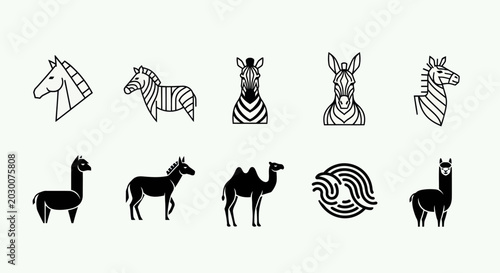 Set of Animal Icons: Zebra, Horse, Camel, Llama, Abstract Design