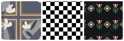 Bilde på lerret Three distinct patterns: abstract floral with lines, checkerboard, and stylized folk art flowers