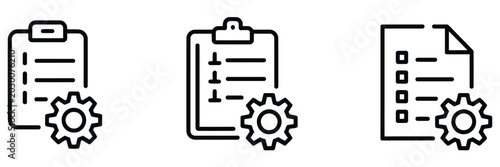 Technical checklist clipboard add gear icon set for technical support, maintenance tasks and business management workflow