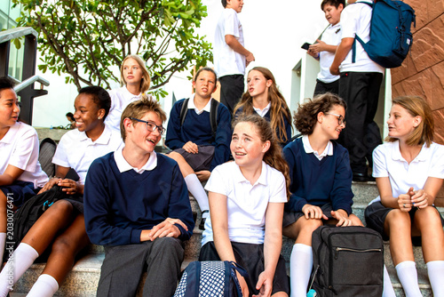 Bilde på lerret Students in uniform chatting outdoors