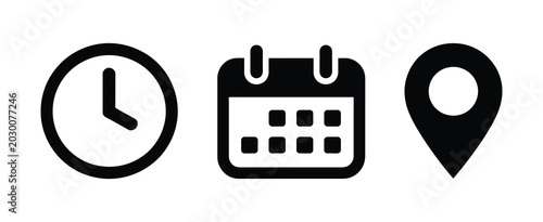 Obraz na plátně Time, date and address icon set vector with clock, calendar and location pin mar