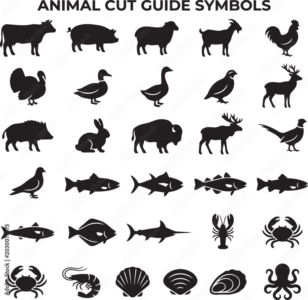 Fototapeta premium Premium livestock cut icons showing various meat products for butchery.