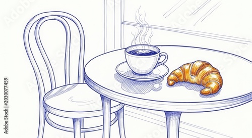 Blue ink sketch of coffee cup and croissant on table.