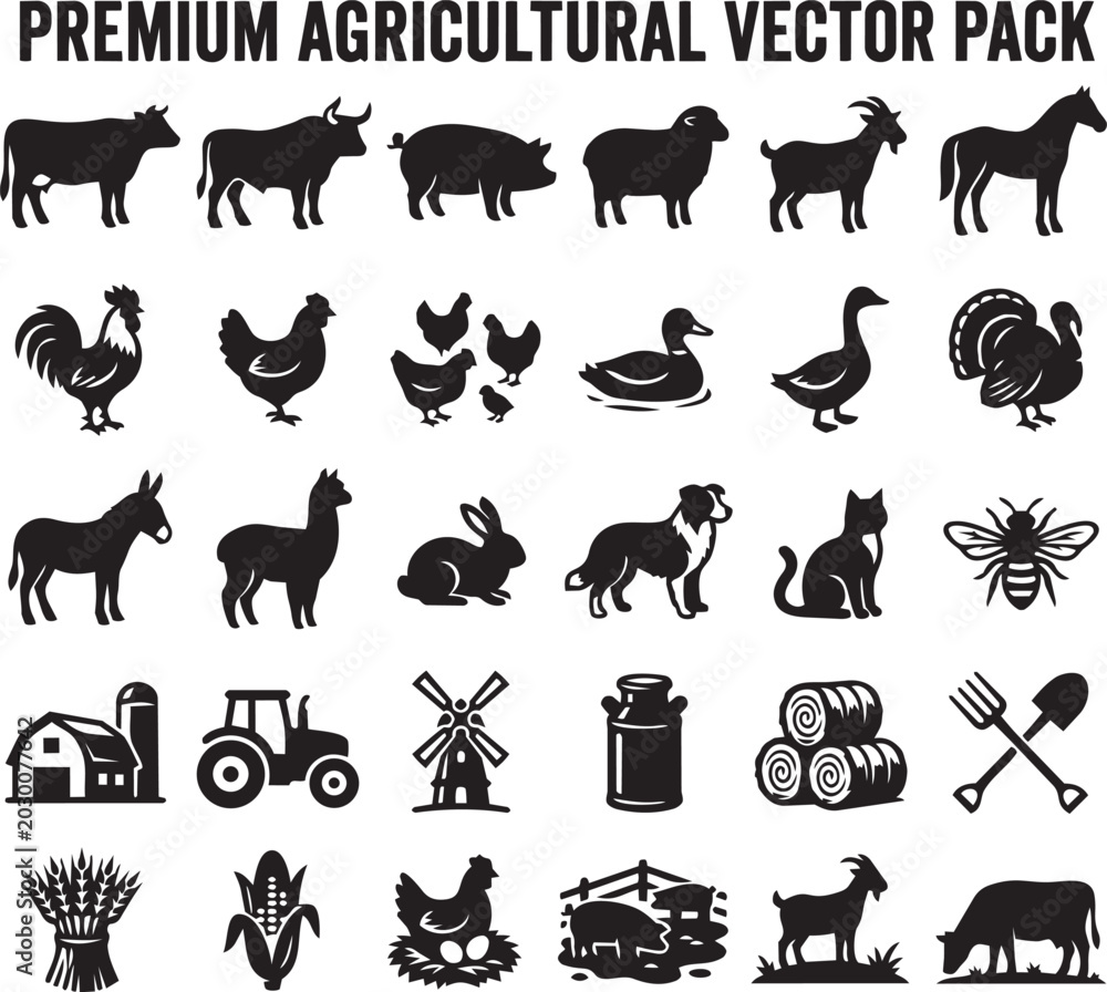Fototapeta premium 30 livestock transport symbols black vector collection isolated on white background.