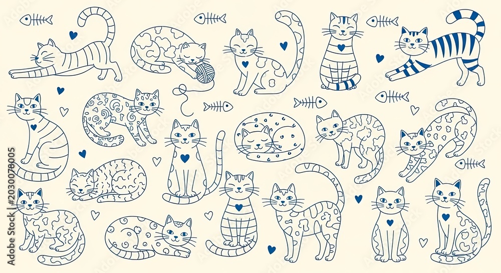 Naklejka premium Minimalist blue cat doodles and fish bone patterns.