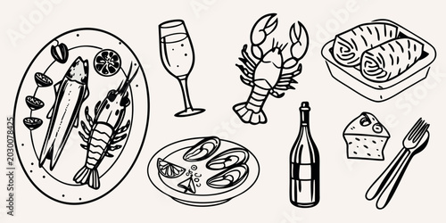 Photos line drawing of seafood platter and champagne bottle collection