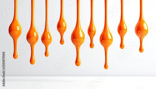 Glossy orange drops suspended, glistening against a stark white background
