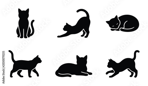 Tableau sur toile Set of 6 Black Cat Silhouettes, Vector Icons, Pet Poses, Cute Feline Graphics, A