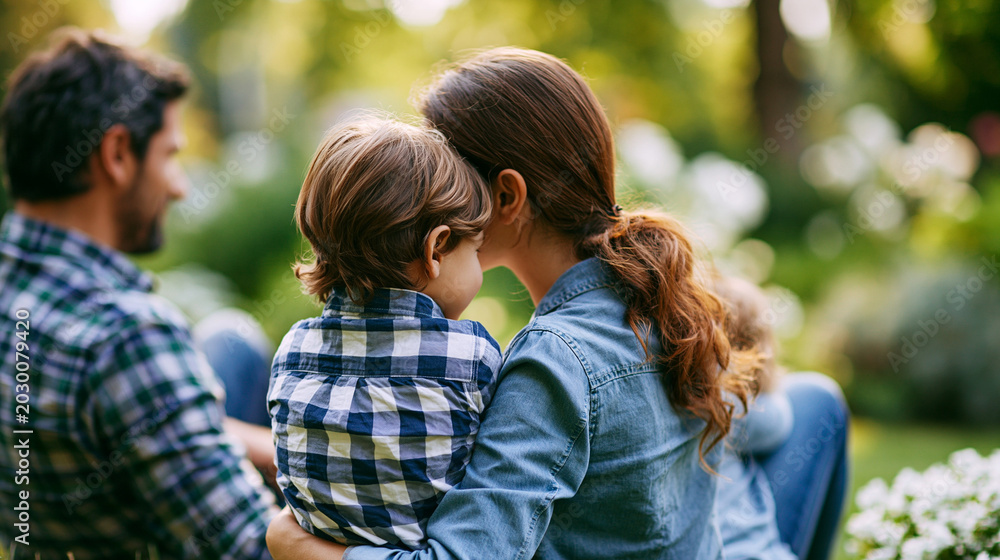 Naklejka premium Nature portrait of a happy family on a picnic in an outdoor green garden, happy parents hugging and bonding with children in a backyard or park, outdoor family lifestyle concept,