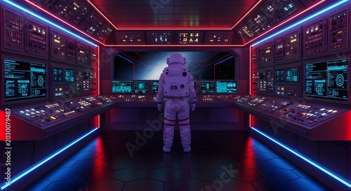 Astronaut standing inside a futuristic spaceship control room with glowing screens and neon lights.