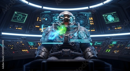 Futuristic astronaut pilot sitting in a high tech spaceship cockpit with glowing holographic displays.