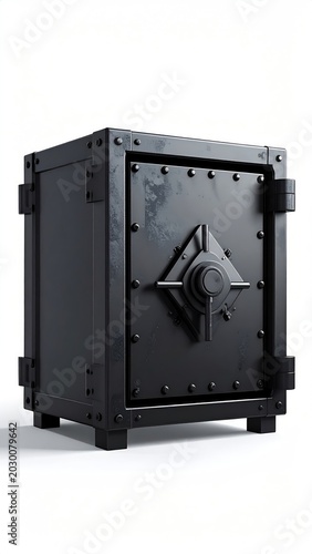 Heavy, industrial-style black metal safe with a textured, diamond-shaped door
