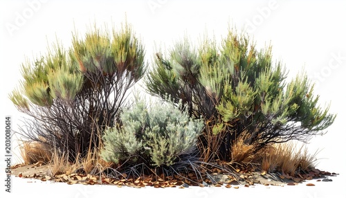 Dry arid landscape shrubbery with wispy grasses and fallen leaves