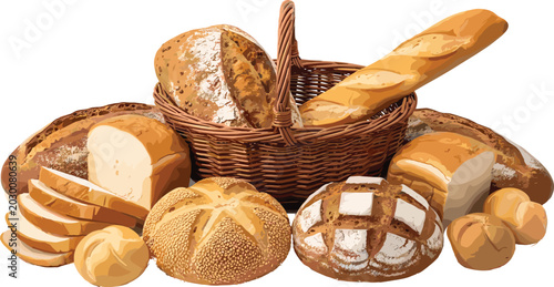 Konstfotografi Assorted artisan breads in wicker basket vector illustration with baguette rolls