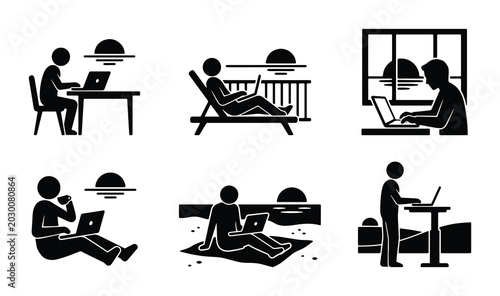 Tableau sur toile Remote Work Icons, Digital Nomad Lifestyle, Freelancer Working Anywhere, Laptop