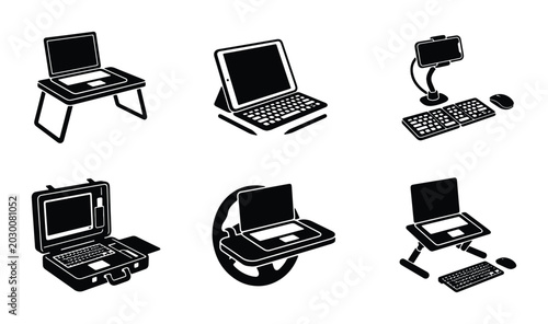 Tableau sur toile Laptop Stands and Accessories Collection, Ergonomic Computer Workstation Setup I
