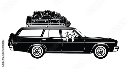 Schilderij op canvas Station wagon car with luggage rack and dog silhouette