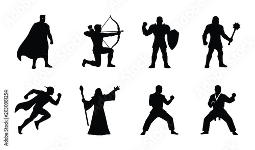 Foto Fantasy Warrior Silhouettes, Medieval Knight, Archer, Mage, Fighter, Hero Vector