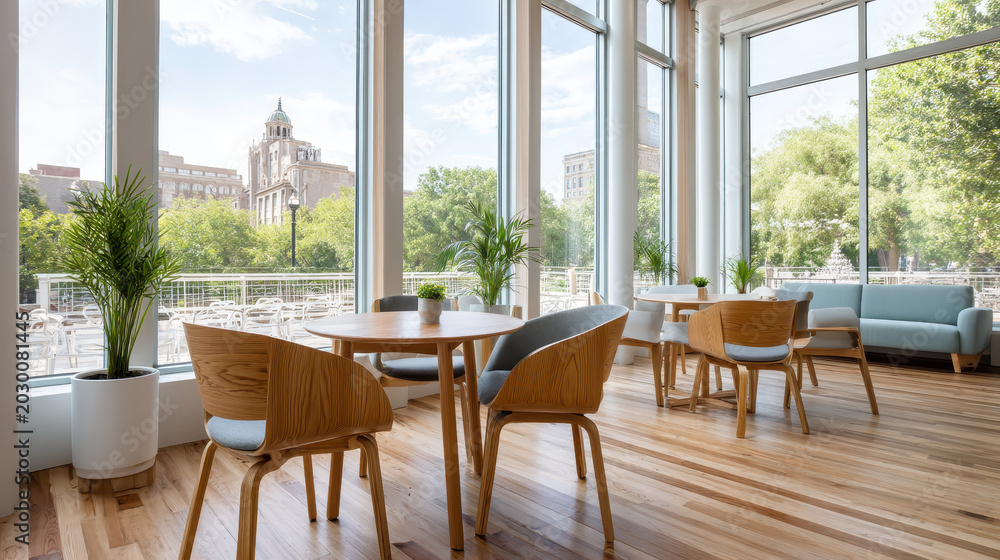 Fototapeta premium Scenic Office Overlooking Park with Modern Furniture