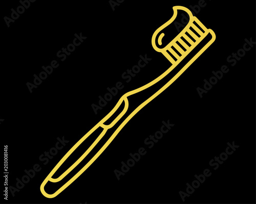 Canvastavla Yellow line icon of a toothbrush with a dab of toothpaste on black background fo