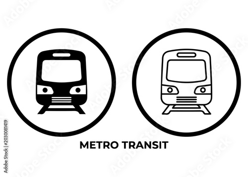 Foto Set of metro transit icons featuring two variations of a subway train front insi