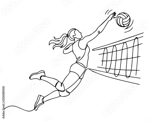 Фотография Woman volleyball player jumping to spike in line drawing style with volleyball c