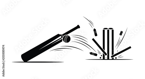 Bild auf Leinwand Cricket bat hitting wickets with flying bails dynamic sports action silhouette