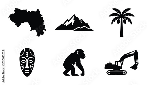 Canvastavla Guinea Map Silhouette, Mountain Range, Palm Tree, African Mask, Chimpanzee, Exca