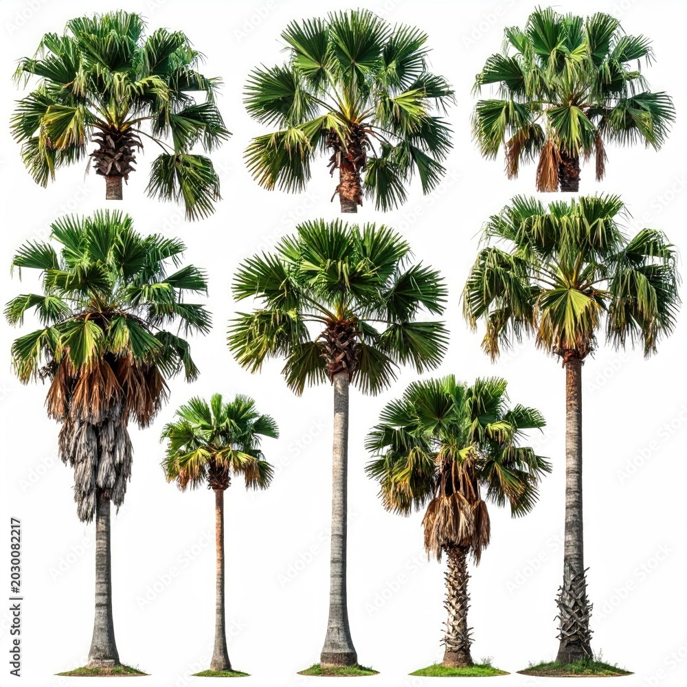 Fototapeta premium A diverse collection of nine palm trees on a white background