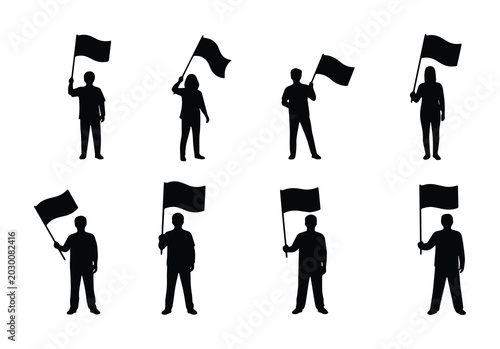 Silhouette Figures Waving Black Flags, Set of 8 Vector Icons for Protest, Announcement, or Warning Signals