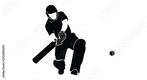 Quadro em tela cricket player batting with ball and bat in black silhouette