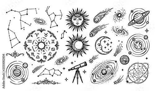 Photos Hand Drawn Celestial Vector Icons with Zodiac Constellations and Astronomy Symbo