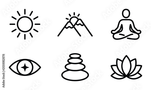 Canvas Print Minimalist Icons: Sun, Mountains, Meditation, Eye, Stones, Lotus Flower