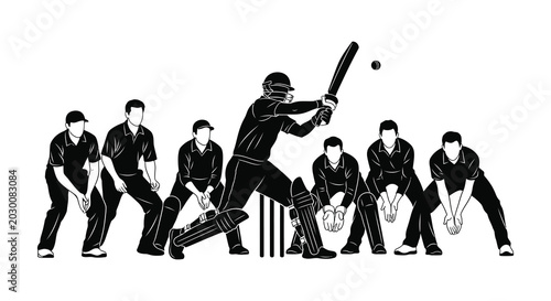 Fotografie Cricket players in action a batsman hitting a ball with fielders black silhouett