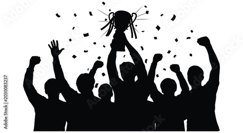 Foto Celebrating team with trophy and confetti arms raised in victory silhouette