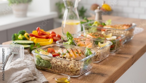 Healthy meal prep containers with salmon and vegetables